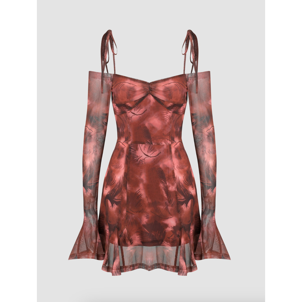 Red/Rust Mesh Bell Sleeve Off-shoulder Short Dress